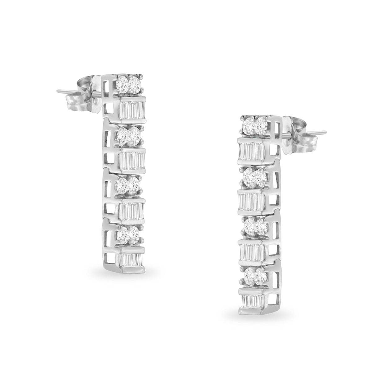 14K White Gold 1 1/3 cttw Round And Baguette Cut Diamond Earrings (H-I, SI2-I1) - LinkagejewelrydesignLinkagejewelrydesign