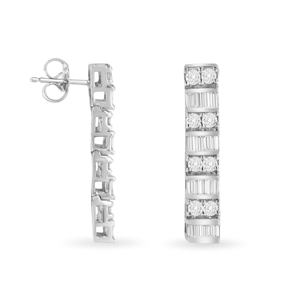 14K White Gold 1 1/3 cttw Round And Baguette Cut Diamond Earrings (H-I, SI2-I1) - LinkagejewelrydesignLinkagejewelrydesign