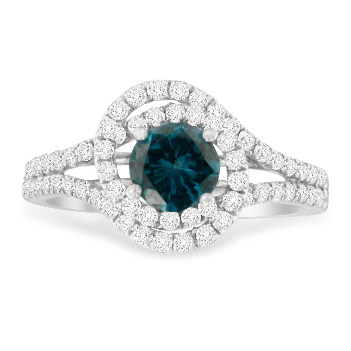14K White Gold 1-1/3 Cttw White &amp; Blue Diamond Interweaving Double Halo Cocktail Statement Ring (G-H and Fancy Blue Color, SI2-I1 Clarity) - Size 6 - LinkagejewelrydesignLinkagejewelrydesign