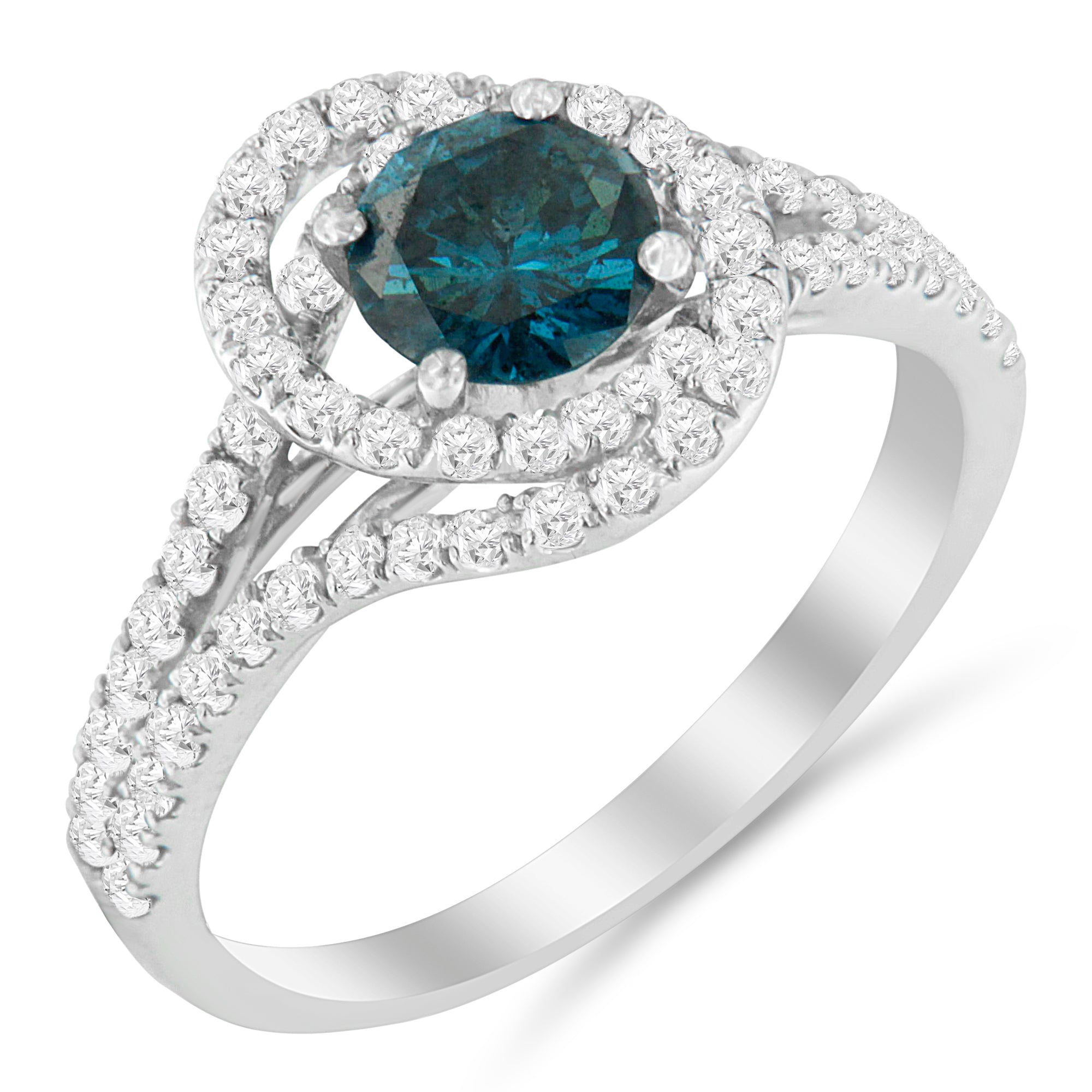 14K White Gold 1-1/3 Cttw White & Blue Diamond Interweaving Double Halo Cocktail Statement Ring (G-H and Fancy Blue Color, SI2-I1 Clarity) - Size 6 - LinkagejewelrydesignLinkagejewelrydesign