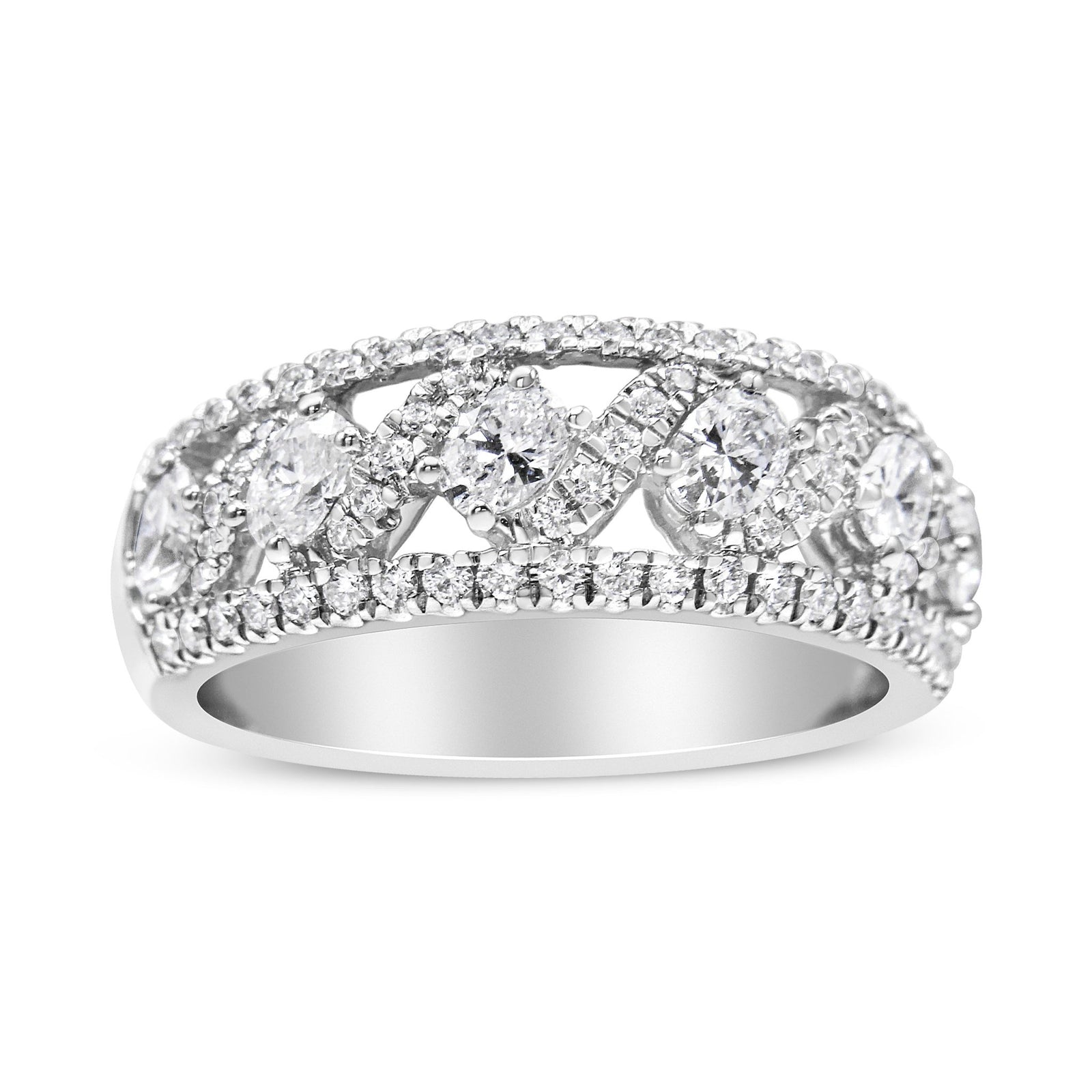 14K White Gold 1 1/4 Cttw Oval and Round Diamond Openwork Anniversary Ring ( H-I Color, I1-I2 Clarity) - Size 6.75 - LinkagejewelrydesignLinkagejewelrydesign