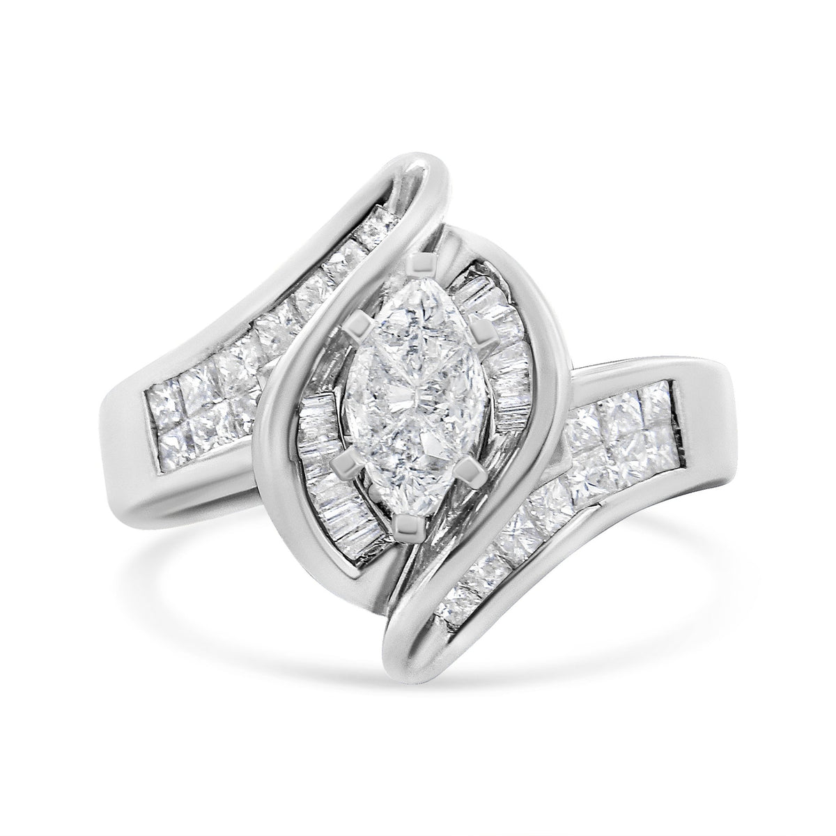 14K White Gold 1 1/4 Cttw Pie, Baguette and Princess cut Diamond Marquise Shape Engagement Cocktail Ring (H-I Color, SI2-I1 Clarity) - LinkagejewelrydesignLinkagejewelrydesign