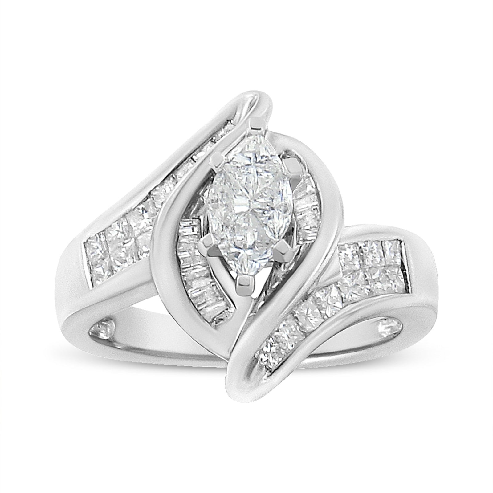 14K White Gold 1 1/4 Cttw Pie, Baguette and Princess cut Diamond Marquise Shape Engagement Cocktail Ring (H-I Color, SI2-I1 Clarity) - LinkagejewelrydesignLinkagejewelrydesign