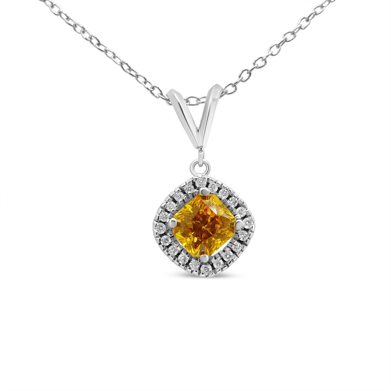 14K White Gold 1 1/5 Cttw Yellow Radiant Lab Grown Diamond Floating Halo Rhombus Shaped 18" Pendant Necklace (Yellow/G-H Color, VS1-VS2 Clarity) - LinkagejewelrydesignLinkagejewelrydesign