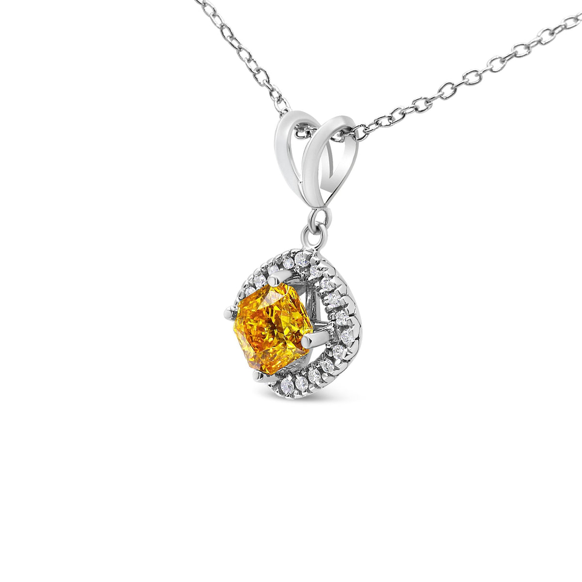 14K White Gold 1 1/5 Cttw Yellow Radiant Lab Grown Diamond Floating Halo Rhombus Shaped 18&quot; Pendant Necklace (Yellow/G-H Color, VS1-VS2 Clarity) - LinkagejewelrydesignLinkagejewelrydesign