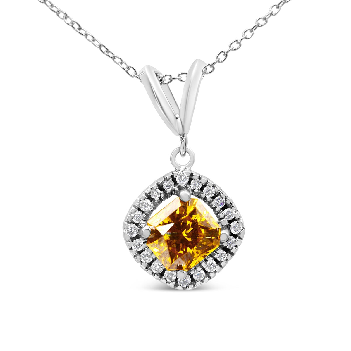 14K White Gold 1 1/5 Cttw Yellow Radiant Lab Grown Diamond Floating Halo Rhombus Shaped 18&quot; Pendant Necklace (Yellow/G-H Color, VS1-VS2 Clarity) - LinkagejewelrydesignLinkagejewelrydesign
