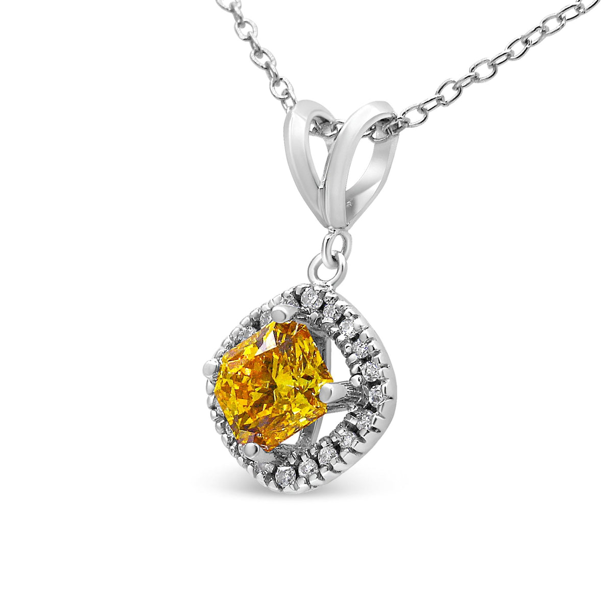 14K White Gold 1 1/5 Cttw Yellow Radiant Lab Grown Diamond Floating Halo Rhombus Shaped 18&quot; Pendant Necklace (Yellow/G-H Color, VS1-VS2 Clarity) - LinkagejewelrydesignLinkagejewelrydesign