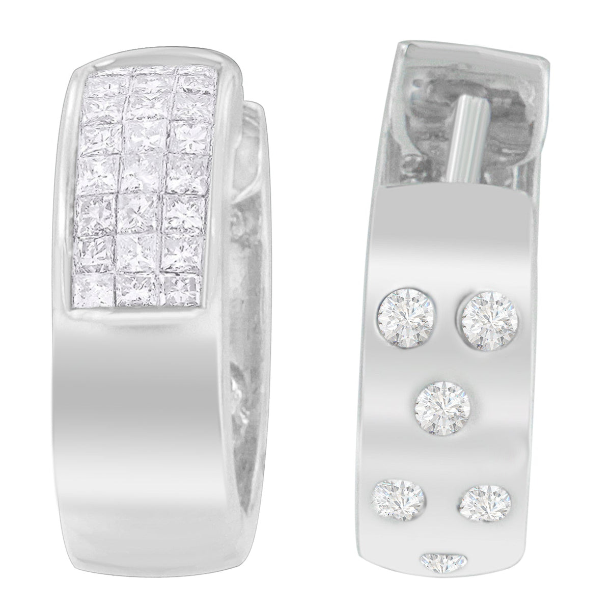 14K White Gold 1 1/8 cttw Princess and Round Cut Diamond Huggie Earrings (H-I, VS1-VS2) - LinkagejewelrydesignLinkagejewelrydesign