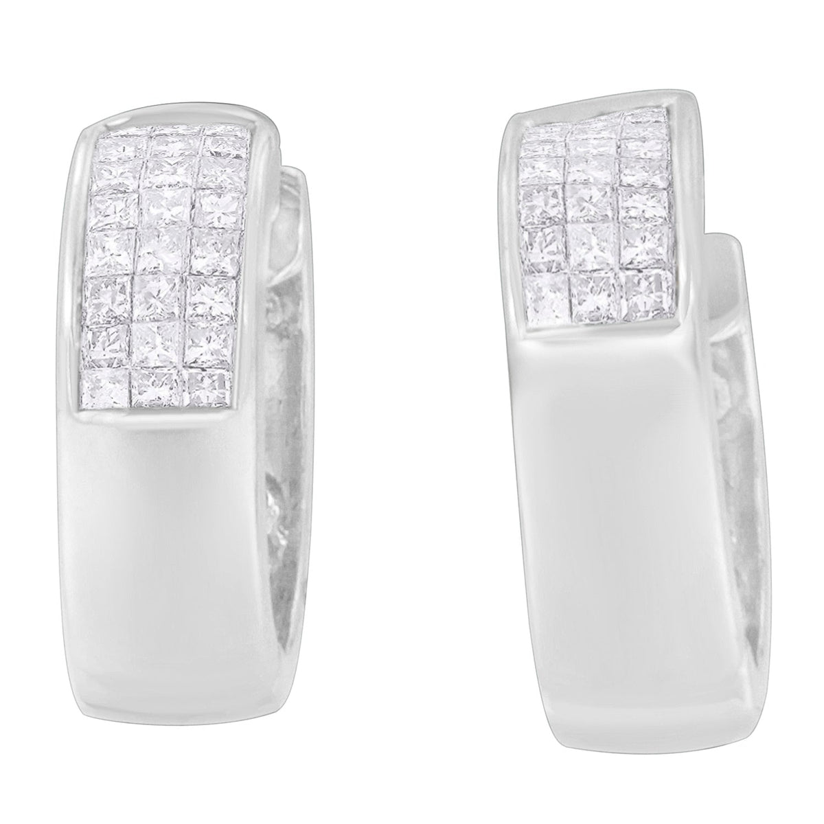 14K White Gold 1 1/8 cttw Princess and Round Cut Diamond Huggie Earrings (H-I, VS1-VS2) - LinkagejewelrydesignLinkagejewelrydesign