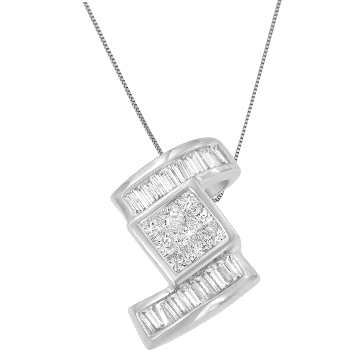 14K White Gold 1 2/5 cttw Princess and Baguette Cut Diamond Zig Zag Pendant Necklace (H-I, SI1-SI2) - LinkagejewelrydesignLinkagejewelrydesign