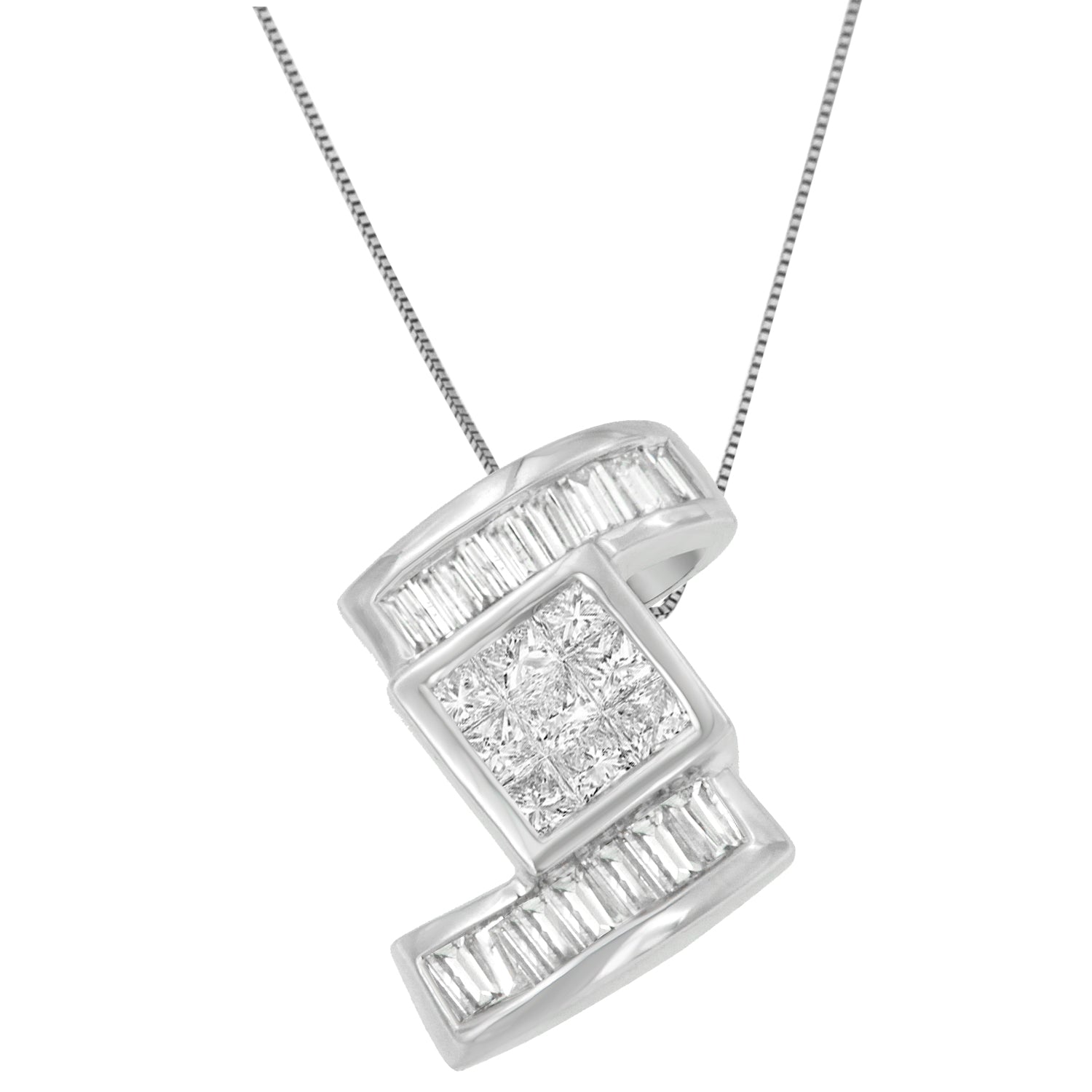 14K White Gold 1 2/5 cttw Princess and Baguette Cut Diamond Zig Zag Pendant Necklace (H-I, SI1-SI2) - LinkagejewelrydesignLinkagejewelrydesign