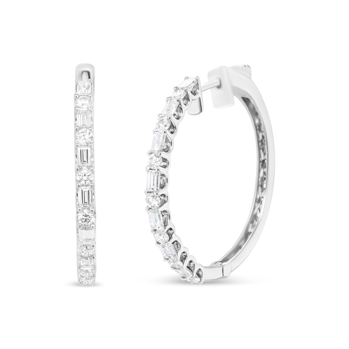 14K White Gold 1 3/4 Cttw Round and Baguette Diamond Hoop Earrings - (H-I Color, SI2-I1 Clarity) - LinkagejewelrydesignLinkagejewelrydesign