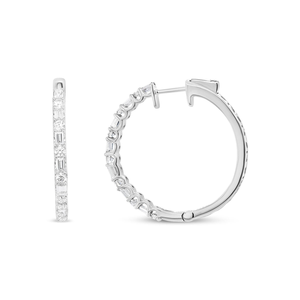 14K White Gold 1 3/4 Cttw Round and Baguette Diamond Hoop Earrings - (H-I Color, SI2-I1 Clarity) - LinkagejewelrydesignLinkagejewelrydesign