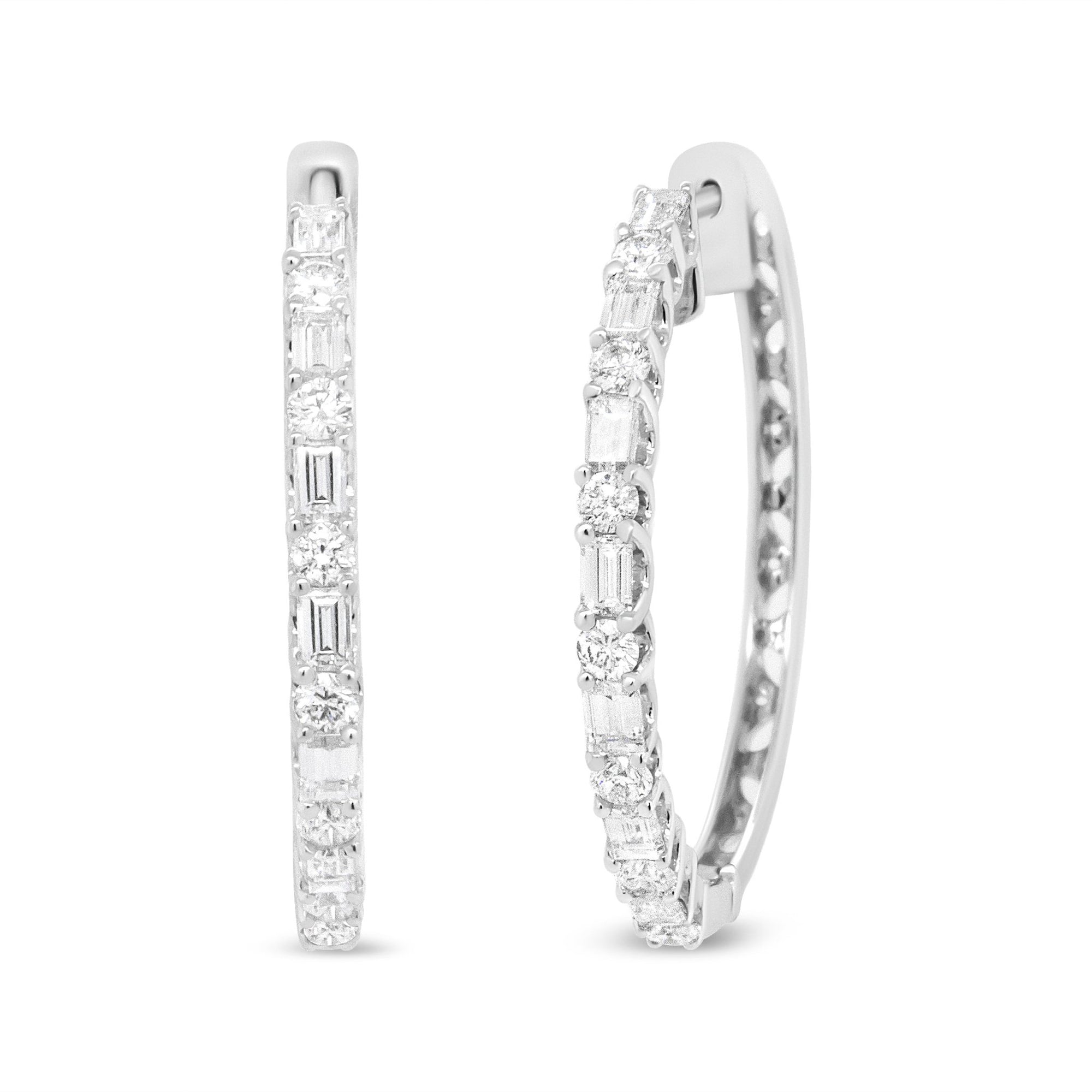 14K White Gold 1 3/4 Cttw Round and Baguette Diamond Hoop Earrings - (H-I Color, SI2-I1 Clarity) - LinkagejewelrydesignLinkagejewelrydesign