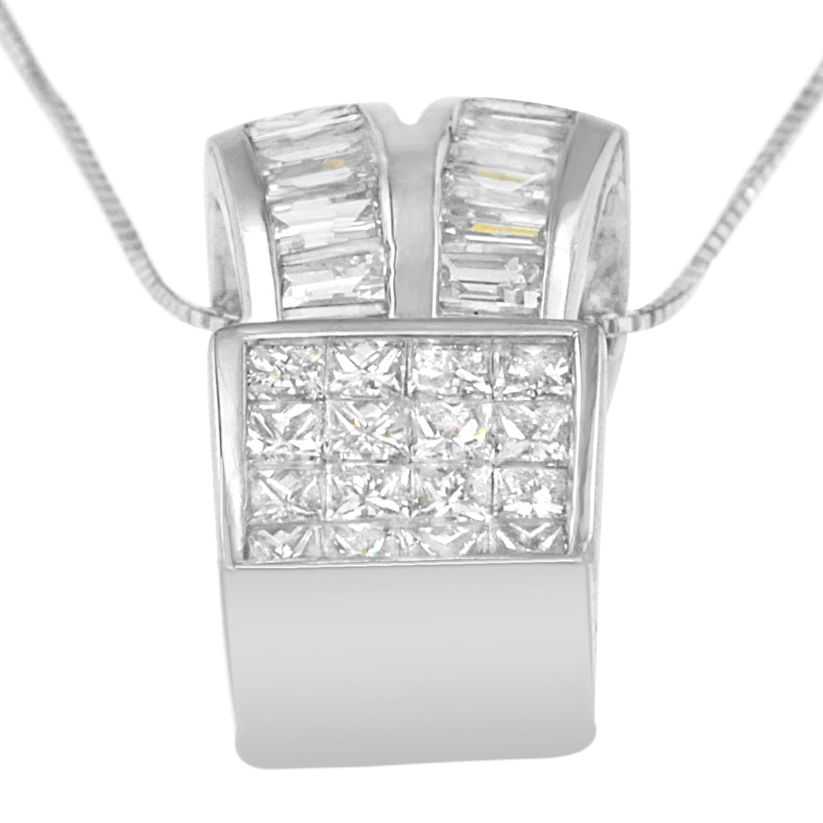 14K White Gold 1 5/8 cttw Princess and Baguette Cut Diamond Heart Ribbon Pendant Necklace (G-H, VS1-VS2) - LinkagejewelrydesignLinkagejewelrydesign