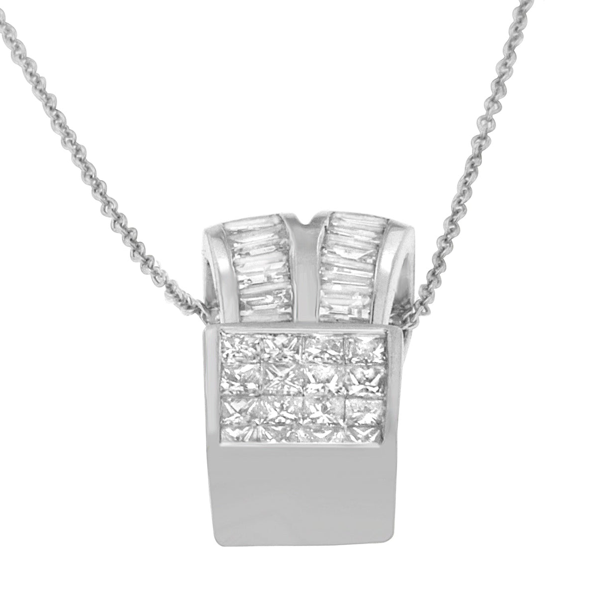 14K White Gold 1 5/8 cttw Princess and Baguette Cut Diamond Heart Ribbon Pendant Necklace (G-H, VS1-VS2) - LinkagejewelrydesignLinkagejewelrydesign