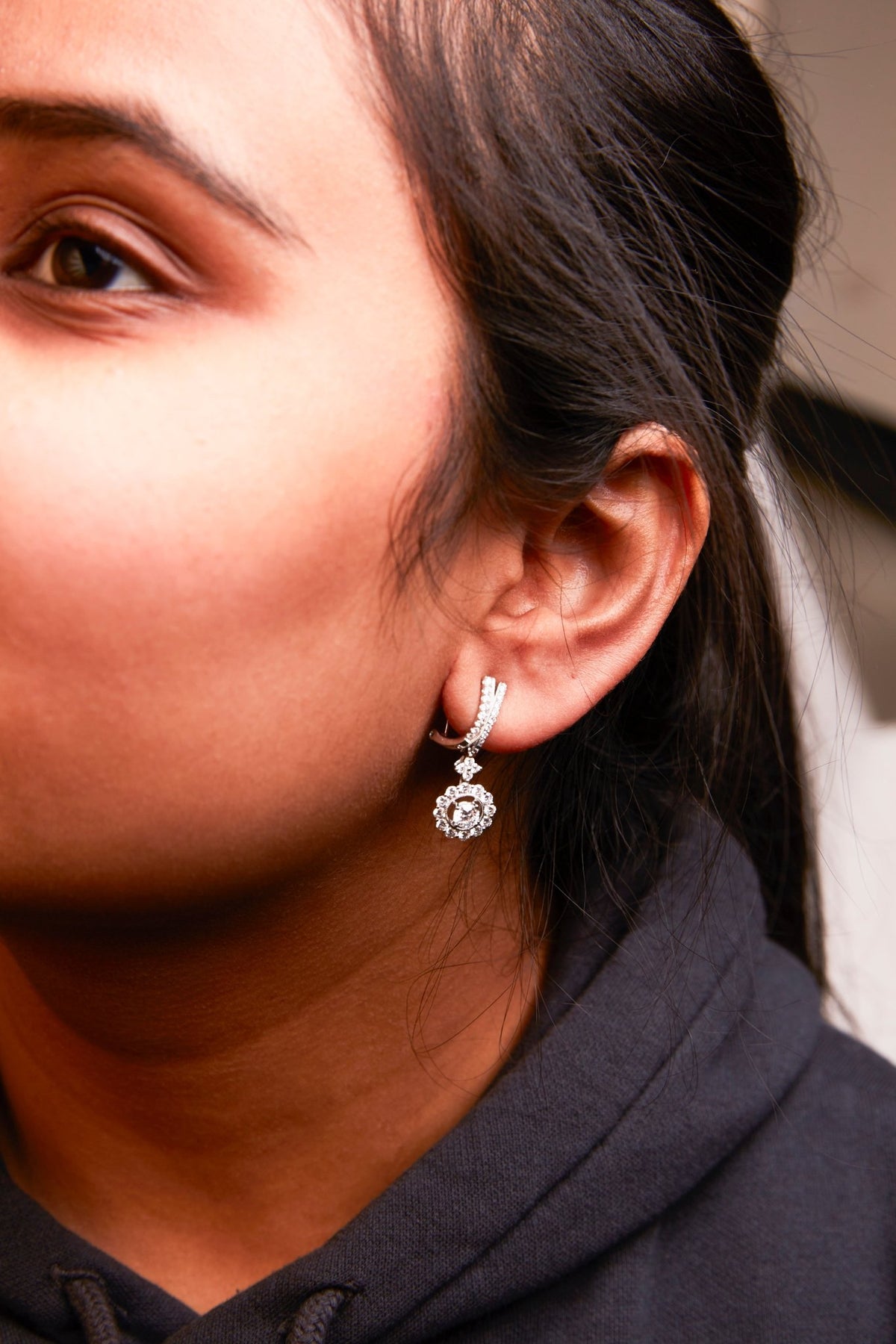 14K White Gold 1 7/8 Cttw Diamond Drop and Dangle Halo Earring with Omega Back (F-G Color, VS2-SI1) - LinkagejewelrydesignLinkagejewelrydesign