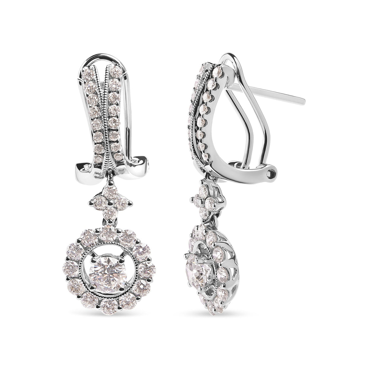 14K White Gold 1 7/8 Cttw Diamond Drop and Dangle Halo Earring with Omega Back (F-G Color, VS2-SI1) - LinkagejewelrydesignLinkagejewelrydesign
