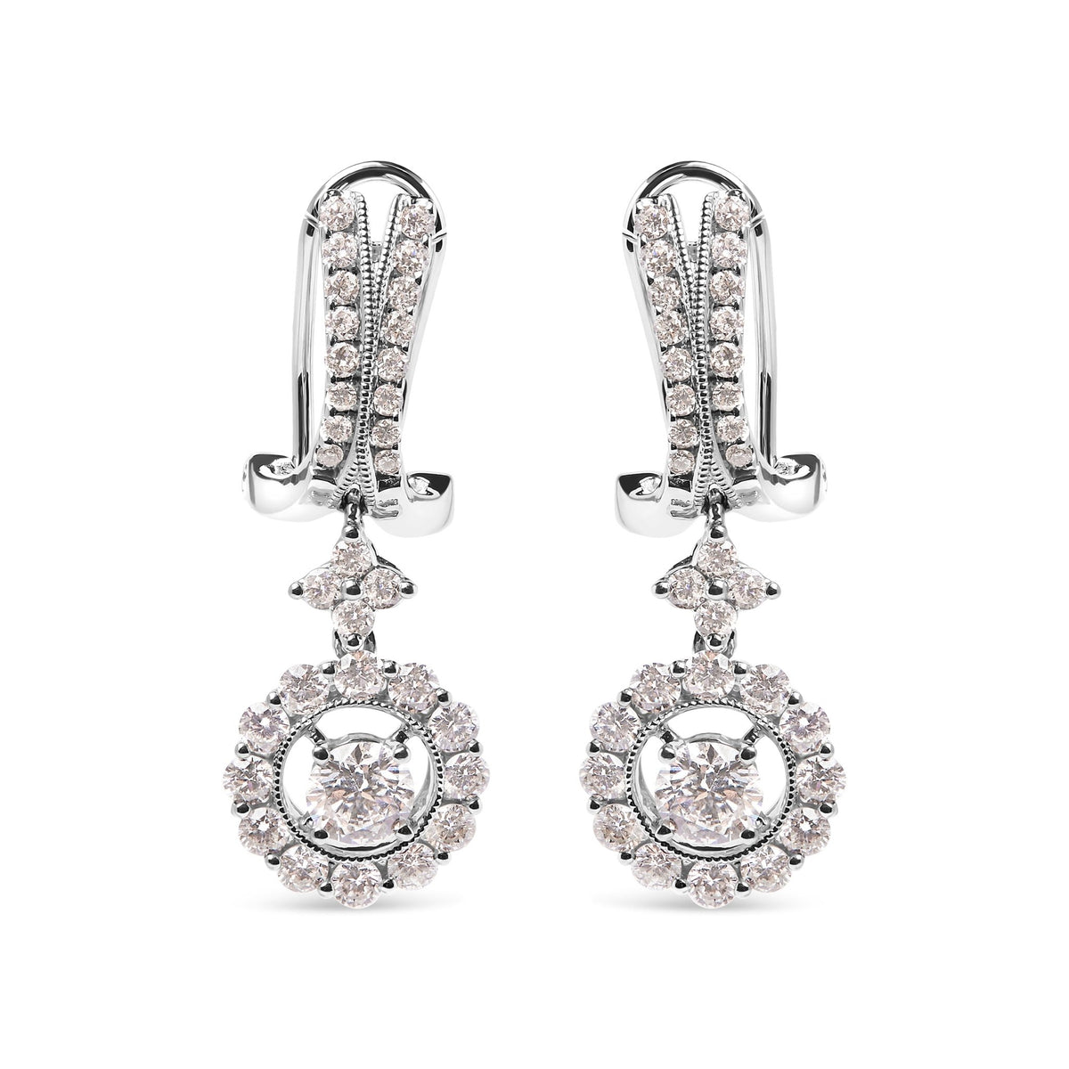 14K White Gold 1 7/8 Cttw Diamond Drop and Dangle Halo Earring with Omega Back (F-G Color, VS2-SI1) - LinkagejewelrydesignLinkagejewelrydesign