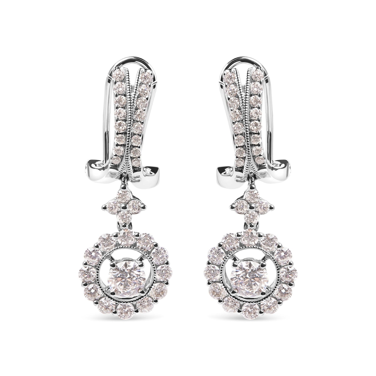 14K White Gold 1 7/8 Cttw Diamond Drop and Dangle Halo Earring with Omega Back (F-G Color, VS2-SI1) - LinkagejewelrydesignLinkagejewelrydesign