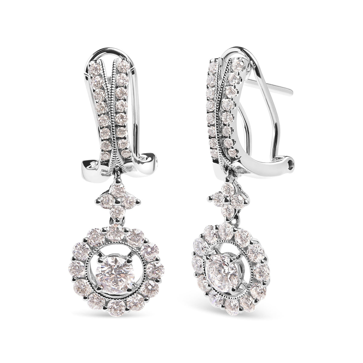 14K White Gold 1 7/8 Cttw Diamond Drop and Dangle Halo Earring with Omega Back (F-G Color, VS2-SI1) - LinkagejewelrydesignLinkagejewelrydesign
