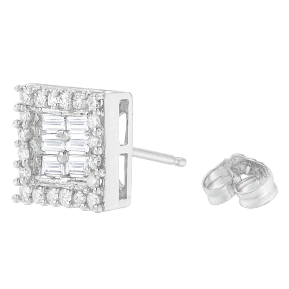 14K White Gold 1 cttw Round and Baguette Diamond Stud Earrings (H-I, SI1-SI2) - LinkagejewelrydesignLinkagejewelrydesign