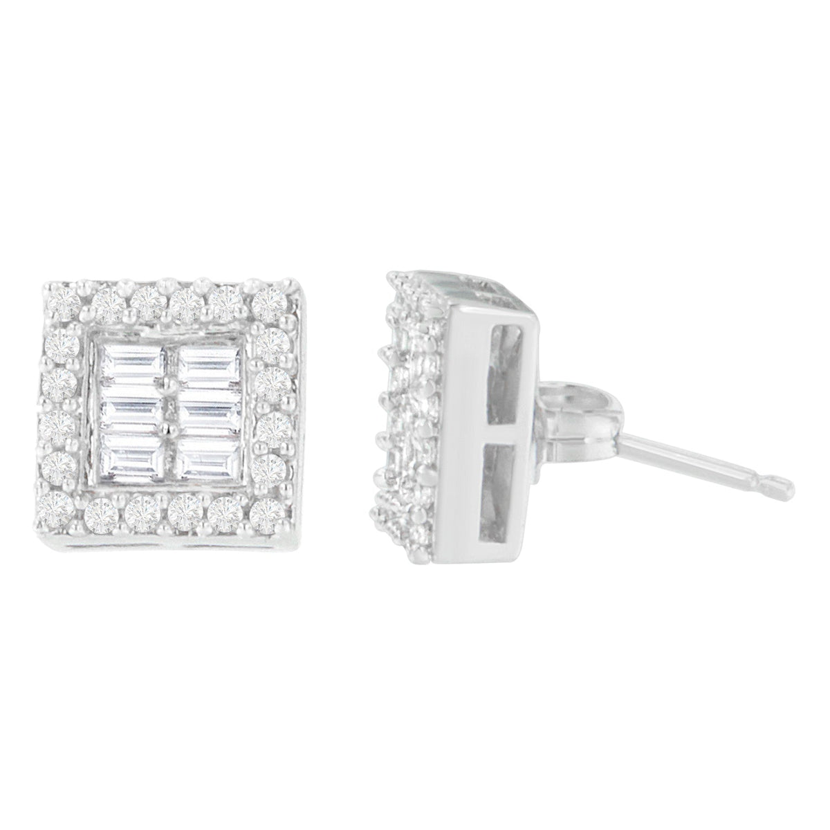 14K White Gold 1 cttw Round and Baguette Diamond Stud Earrings (H-I, SI1-SI2) - LinkagejewelrydesignLinkagejewelrydesign