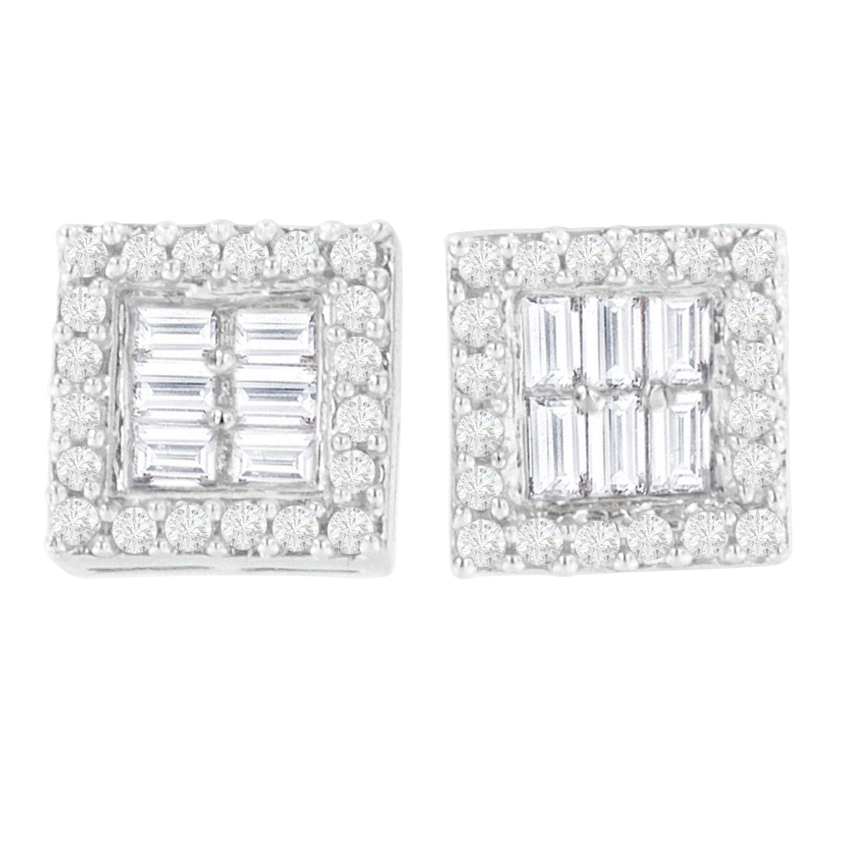 14K White Gold 1 cttw Round and Baguette Diamond Stud Earrings (H-I, SI1-SI2) - LinkagejewelrydesignLinkagejewelrydesign