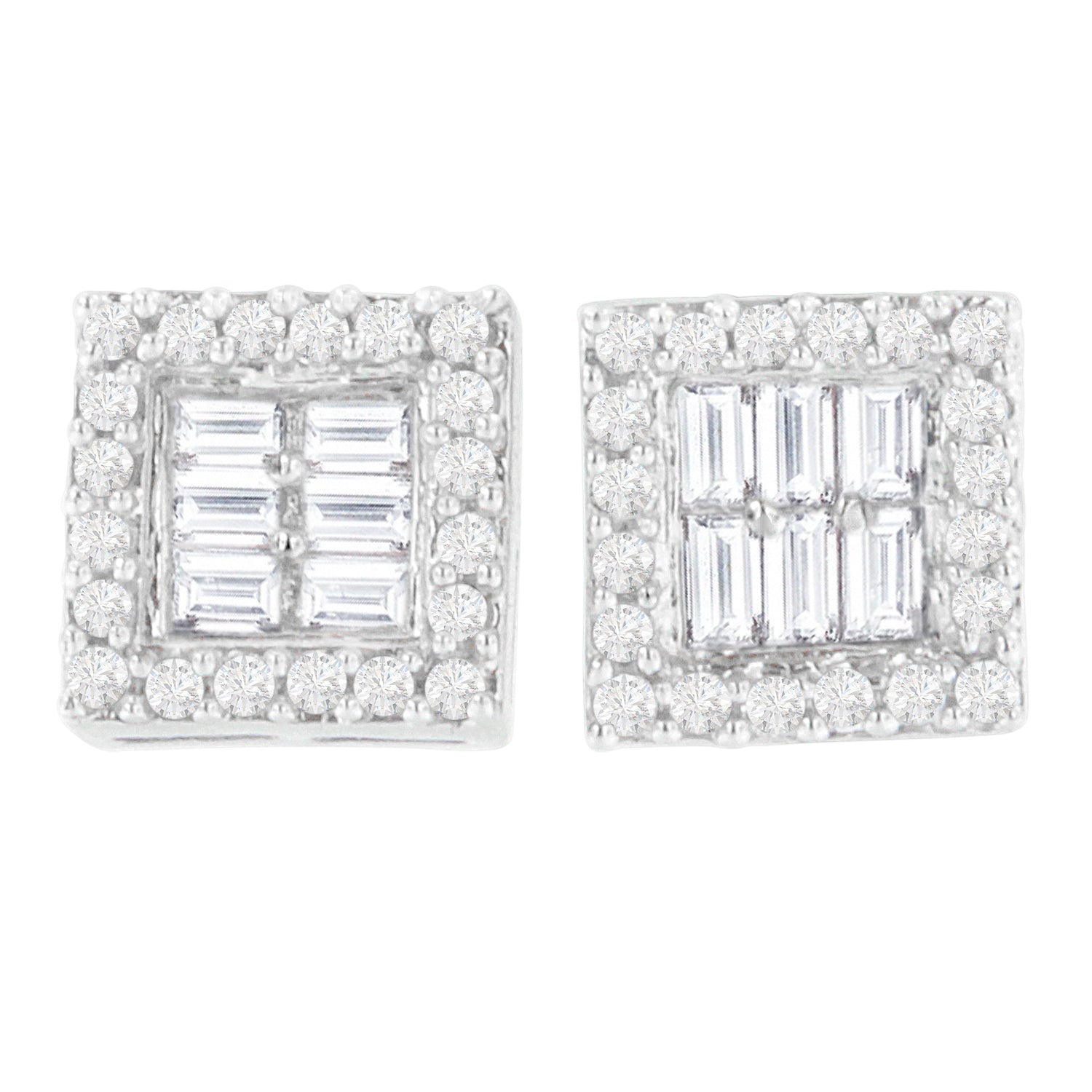 14K White Gold 1 cttw Round and Baguette Diamond Stud Earrings (H-I, SI1-SI2) - LinkagejewelrydesignLinkagejewelrydesign