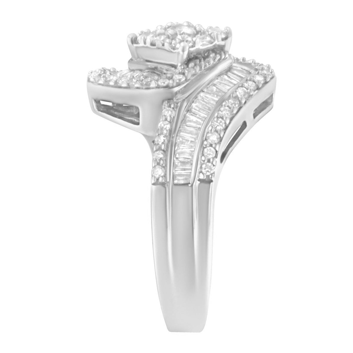 14K White Gold 1.0 Cttw Baguette &amp; Brilliant-Cut Diamond Round Floral Cluster Engagement or Fashion Ring with Swirl Wrapped Triple Row Band (H-I Color, SI2-I1 Clarity) - Size 7 - LinkagejewelrydesignLinkagejewelrydesign