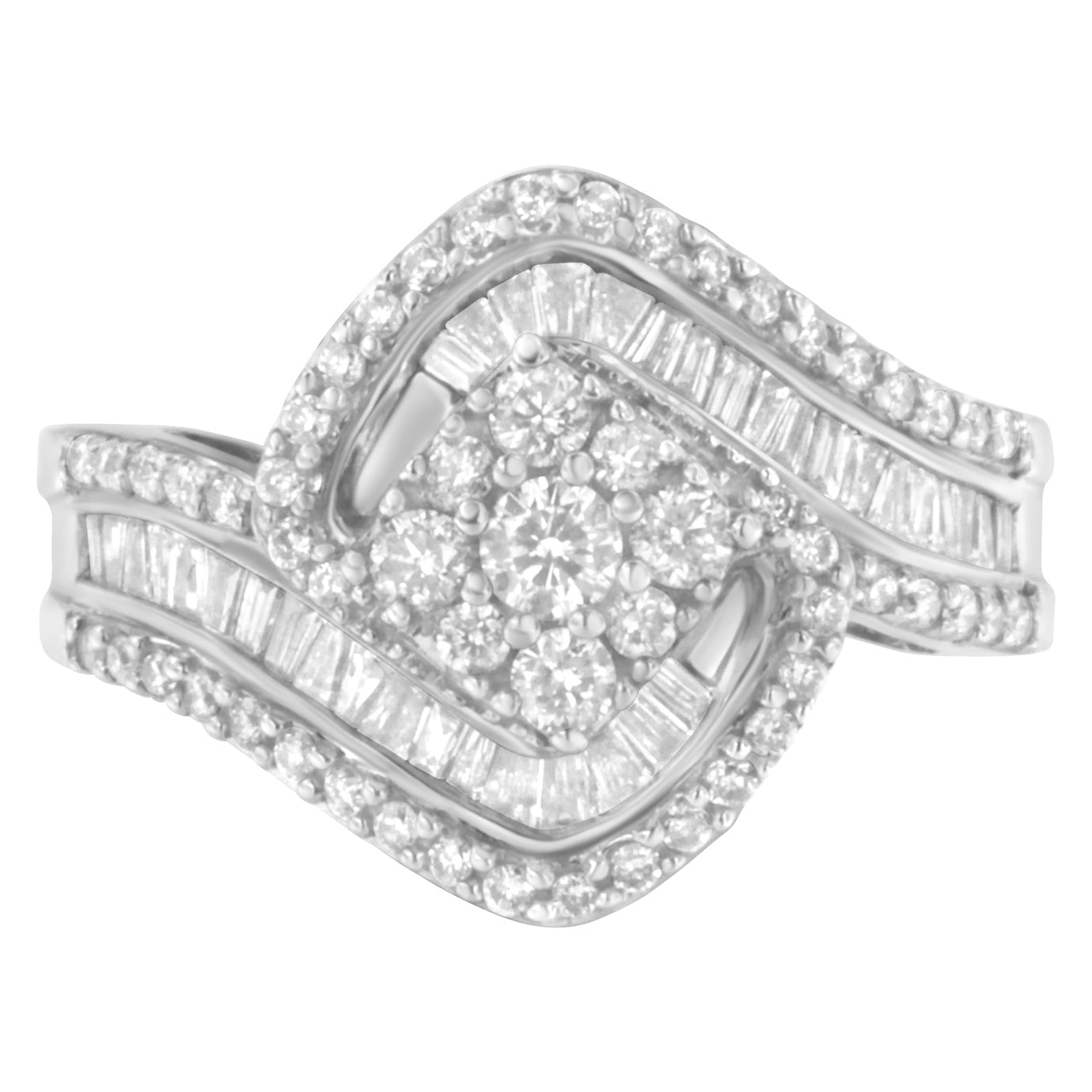 14K White Gold 1.0 Cttw Baguette & Brilliant-Cut Diamond Round Floral Cluster Engagement or Fashion Ring with Swirl Wrapped Triple Row Band (H-I Color, SI2-I1 Clarity) - Size 7 - LinkagejewelrydesignLinkagejewelrydesign
