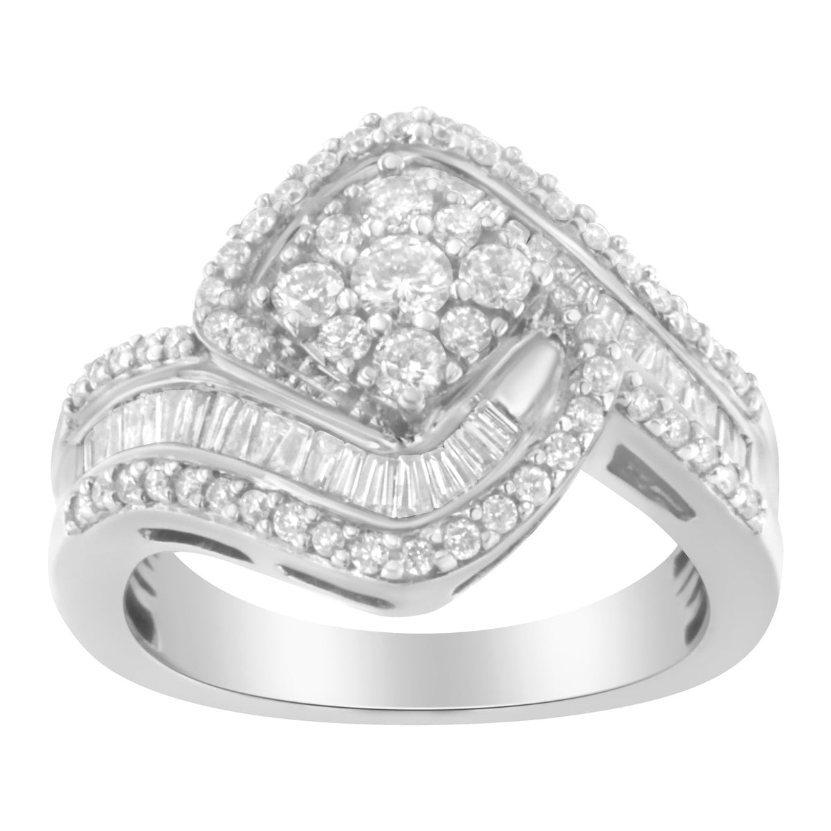 14K White Gold 1.0 Cttw Baguette &amp; Brilliant-Cut Diamond Round Floral Cluster Engagement or Fashion Ring with Swirl Wrapped Triple Row Band (H-I Color, SI2-I1 Clarity) - Size 7 - LinkagejewelrydesignLinkagejewelrydesign