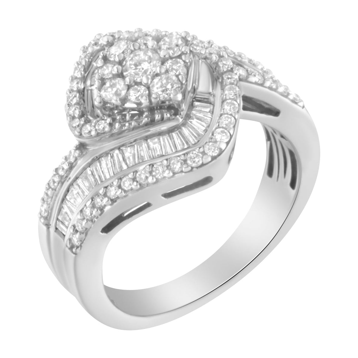14K White Gold 1.0 Cttw Baguette &amp; Brilliant-Cut Diamond Round Floral Cluster Engagement or Fashion Ring with Swirl Wrapped Triple Row Band (H-I Color, SI2-I1 Clarity) - Size 7 - LinkagejewelrydesignLinkagejewelrydesign