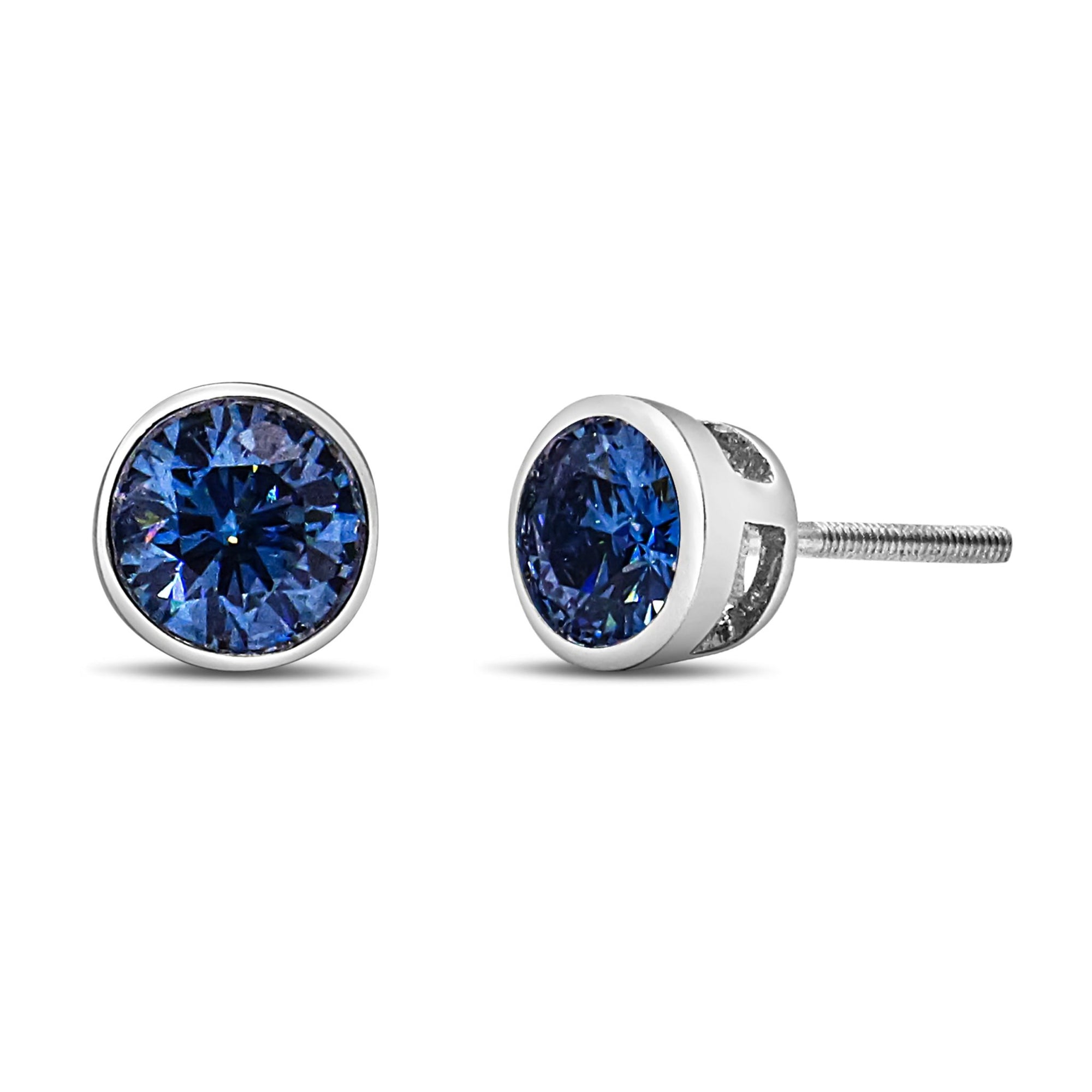 14K White Gold 1.0 Cttw Blue Lab Grown Diamond Screw - Back Classic Bezel Solitaire Stud Earrings (Blue Color, VS2 - SI1 Clarity) - LinkagejewelrydesignLinkagejewelrydesign