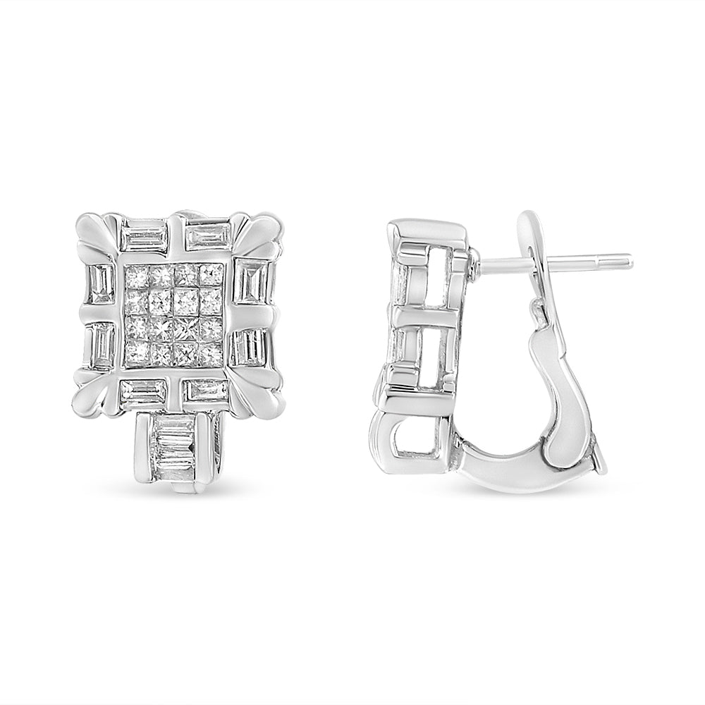 14K White Gold 1.0 Cttw Princess and Baguette-Cut Diamond Square Framed Huggie Hoop Omega Earrings (H-I Color, SI1-SI2 Clarity) - LinkagejewelrydesignLinkagejewelrydesign