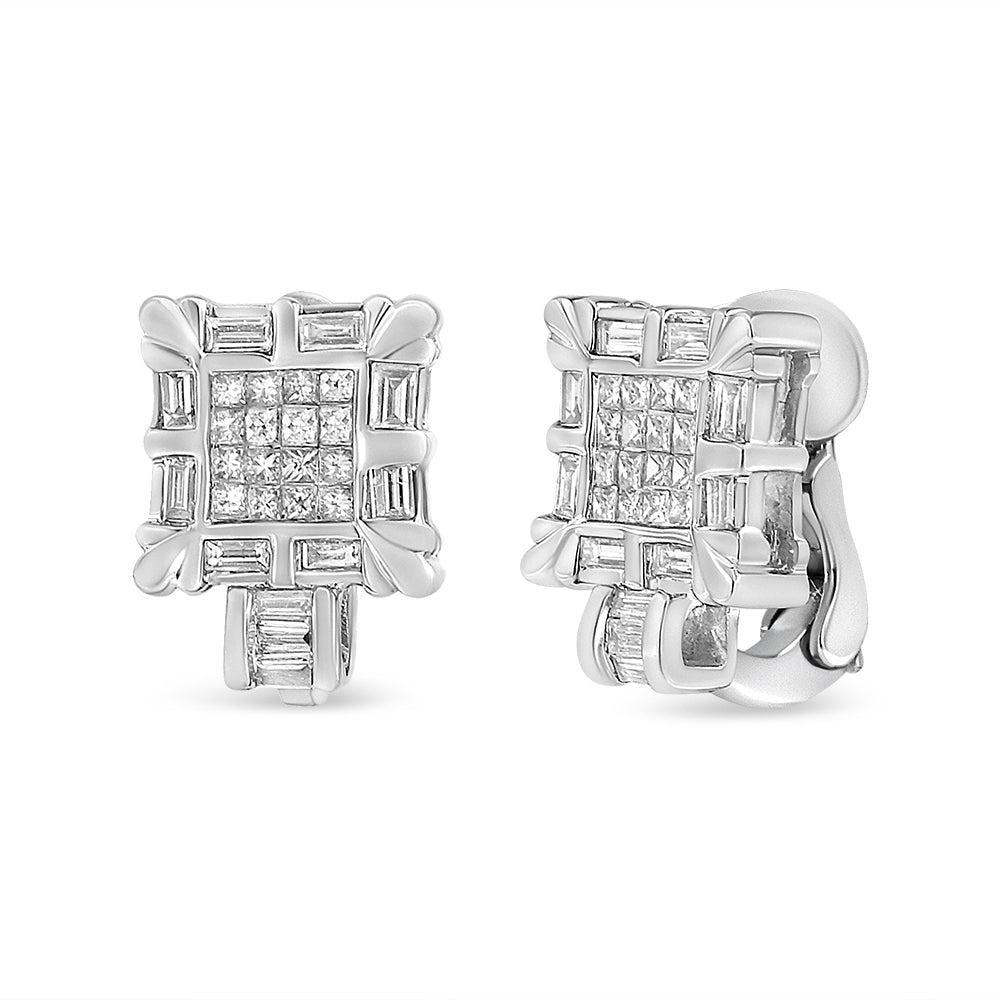 14K White Gold 1.0 Cttw Princess and Baguette-Cut Diamond Square Framed Huggie Hoop Omega Earrings (H-I Color, SI1-SI2 Clarity) - LinkagejewelrydesignLinkagejewelrydesign