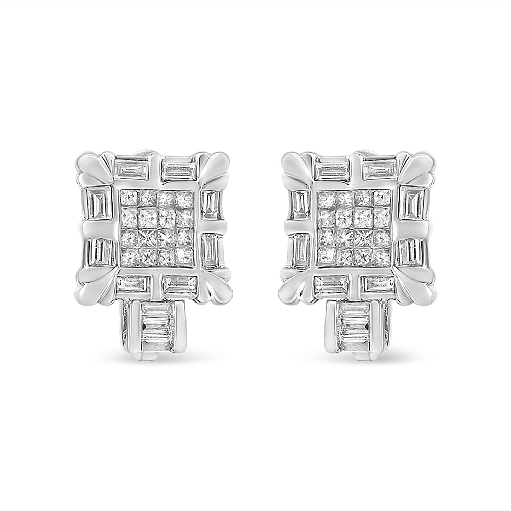 14K White Gold 1.0 Cttw Princess and Baguette-Cut Diamond Square Framed Huggie Hoop Omega Earrings (H-I Color, SI1-SI2 Clarity) - LinkagejewelrydesignLinkagejewelrydesign