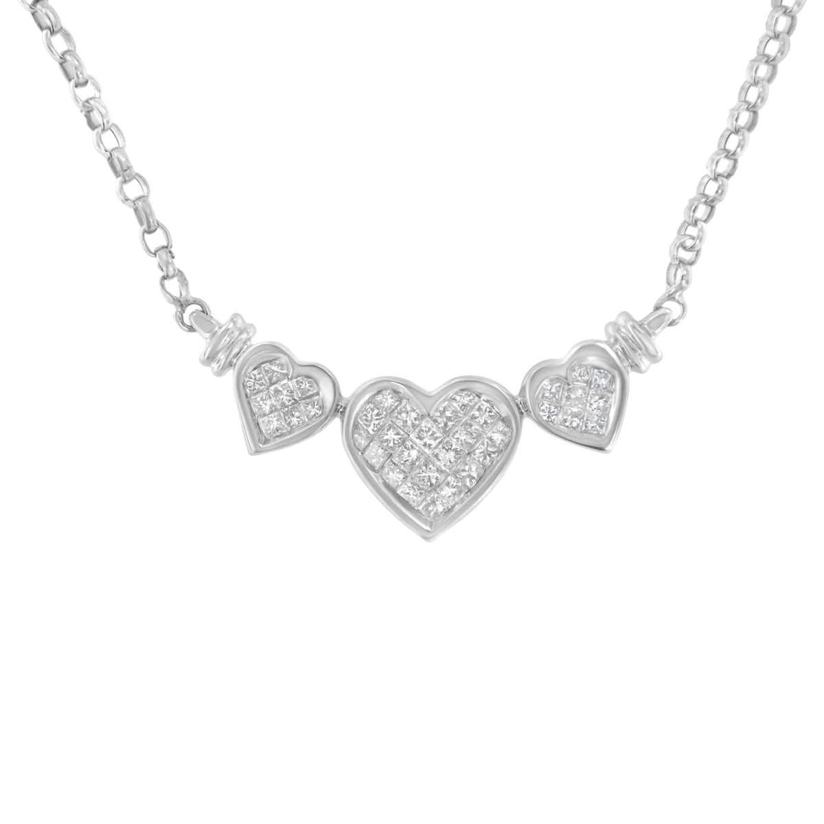 14K White Gold 1.0 Cttw Princess Cut Diamond Three Heart 18&quot; Statement Pendant Necklace (H-I Color, SI2-I1 Clarity) - LinkagejewelrydesignLinkagejewelrydesign