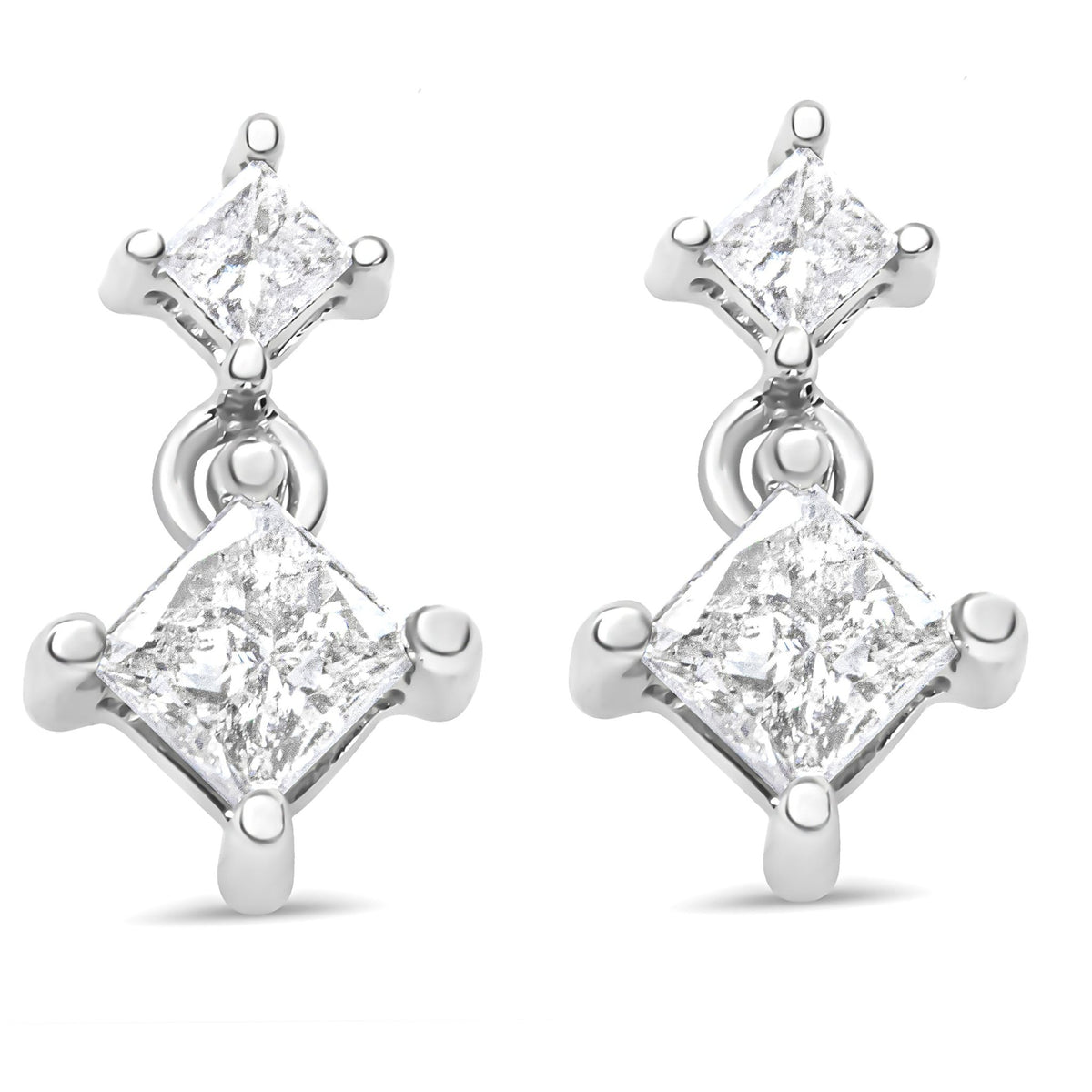 14K White Gold 1.0 Cttw Princess-Cut Double Diamond Drop Stud Earrings for Women (H-I Color, I1-I2 Clarity) - LinkagejewelrydesignLinkagejewelrydesign