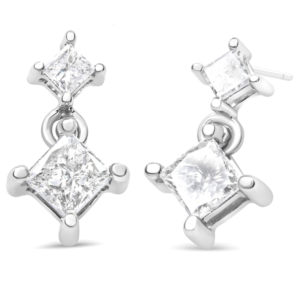 14K White Gold 1.0 Cttw Princess-Cut Double Diamond Drop Stud Earrings for Women (H-I Color, I1-I2 Clarity) - LinkagejewelrydesignLinkagejewelrydesign