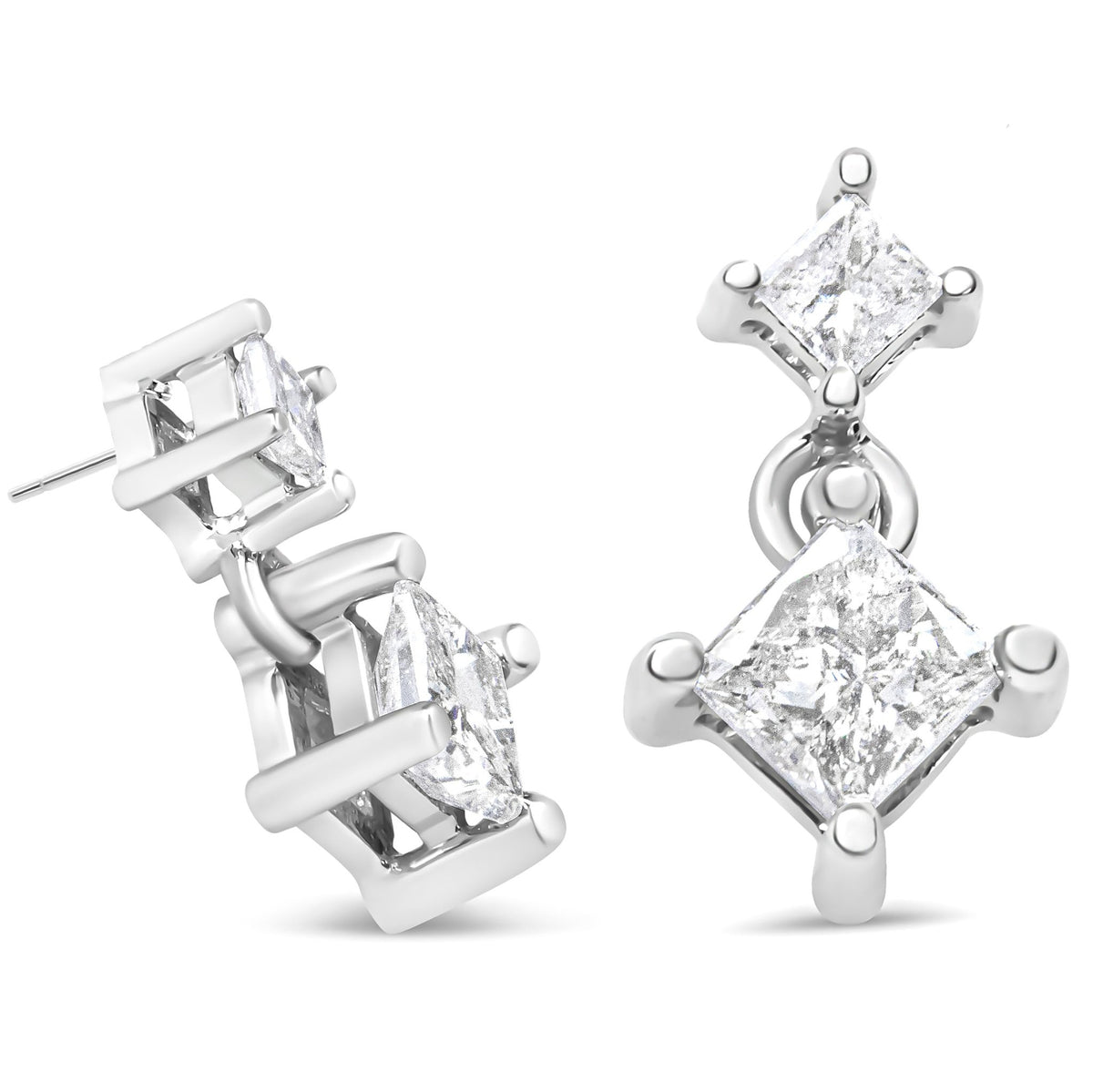 14K White Gold 1.0 Cttw Princess-Cut Double Diamond Drop Stud Earrings for Women (H-I Color, I1-I2 Clarity) - LinkagejewelrydesignLinkagejewelrydesign