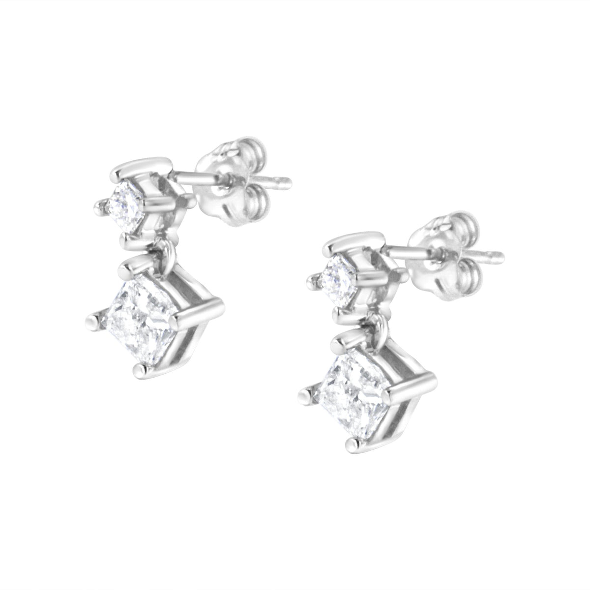 14K White Gold 1.0 Cttw Princess-Cut Double Diamond Drop Stud Earrings for Women (H-I Color, I1-I2 Clarity) - LinkagejewelrydesignLinkagejewelrydesign