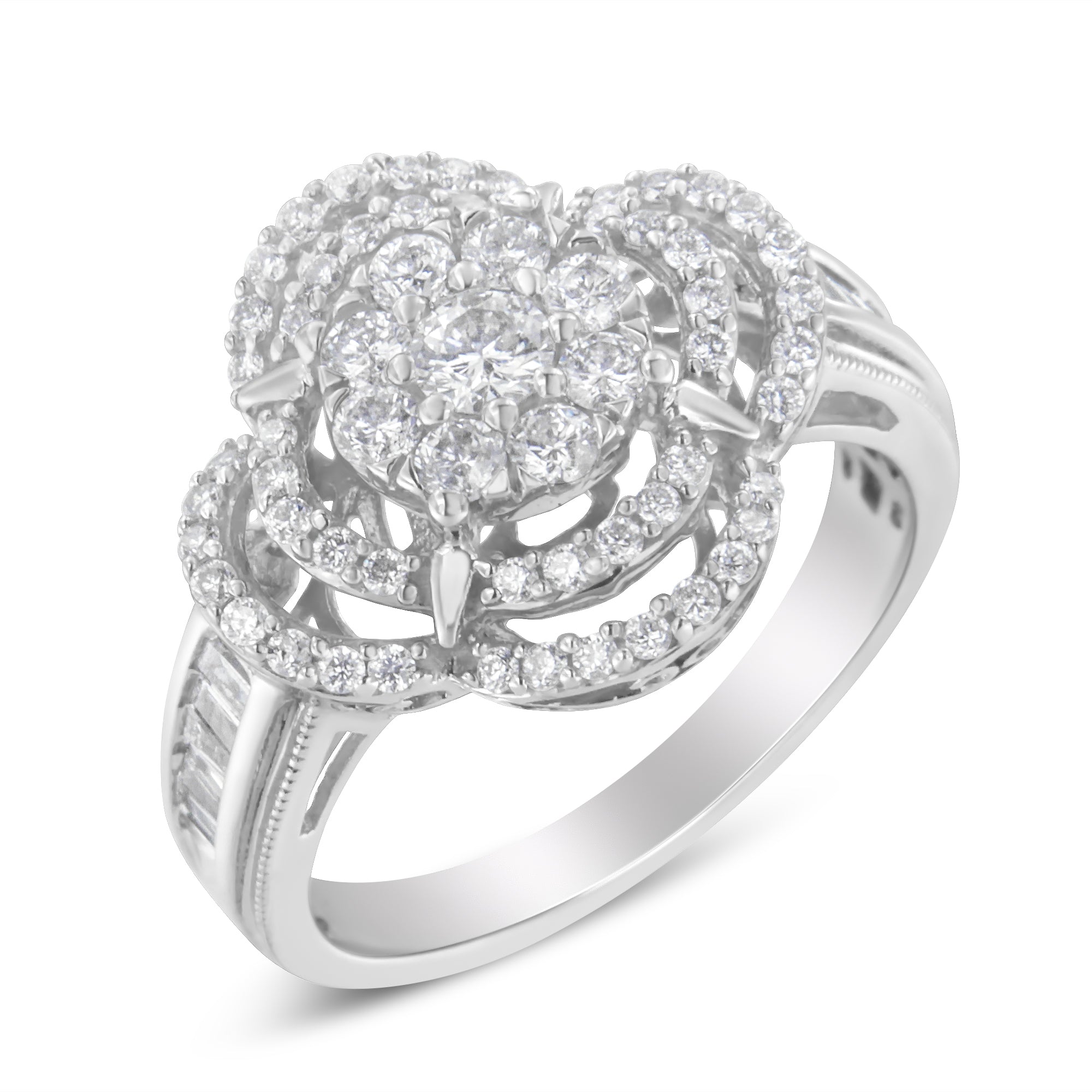 14K White Gold 1.0 Cttw Round & Baguette Cut Diamond Floral Cluster Quatrefoil Channel Set Band Cocktail Statement Ring (H-I Color, SI2-I1 Clarity) - Size 6-3/4 - LinkagejewelrydesignLinkagejewelrydesign