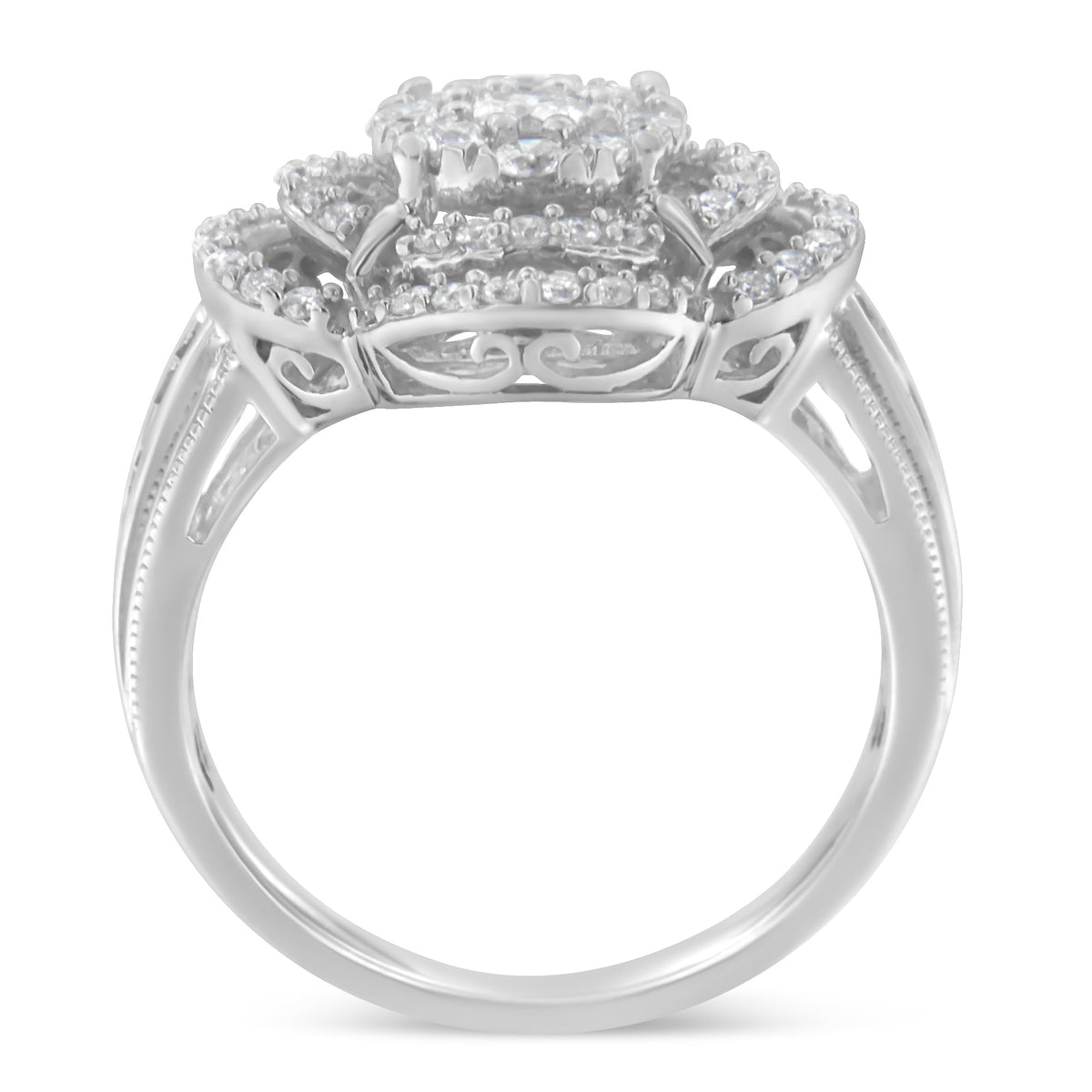 14K White Gold 1.0 Cttw Round &amp; Baguette Cut Diamond Floral Cluster Quatrefoil Channel Set Band Cocktail Statement Ring (H-I Color, SI2-I1 Clarity) - Size 6-3/4 - LinkagejewelrydesignLinkagejewelrydesign
