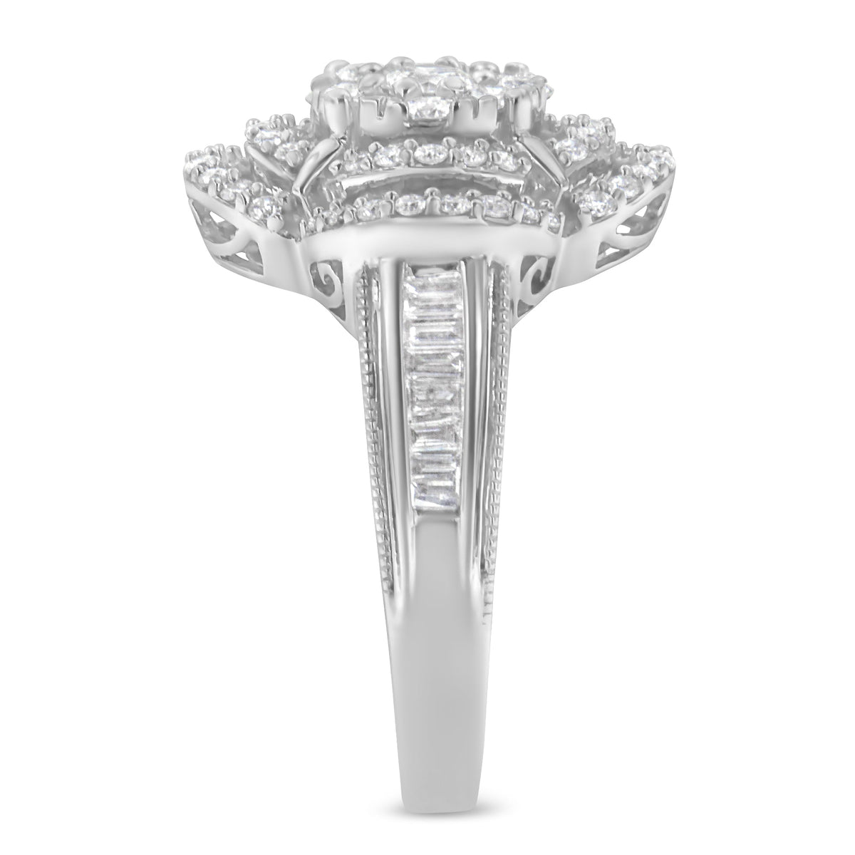 14K White Gold 1.0 Cttw Round &amp; Baguette Cut Diamond Floral Cluster Quatrefoil Channel Set Band Cocktail Statement Ring (H-I Color, SI2-I1 Clarity) - Size 6-3/4 - LinkagejewelrydesignLinkagejewelrydesign