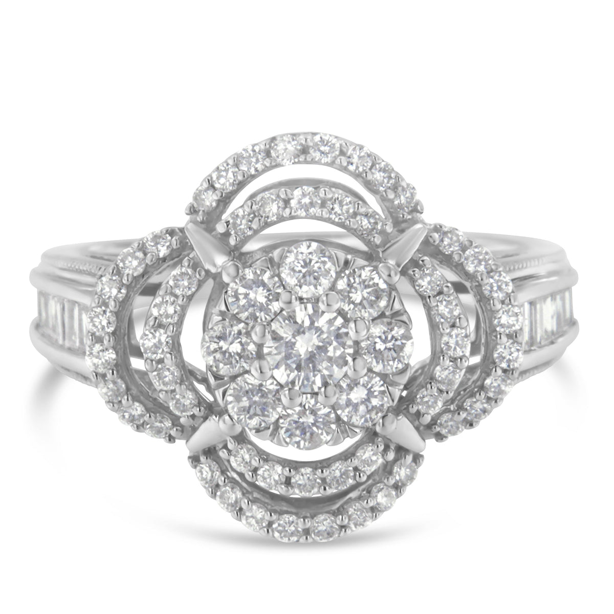 14K White Gold 1.0 Cttw Round &amp; Baguette Cut Diamond Floral Cluster Quatrefoil Channel Set Band Cocktail Statement Ring (H-I Color, SI2-I1 Clarity) - Size 6-3/4 - LinkagejewelrydesignLinkagejewelrydesign