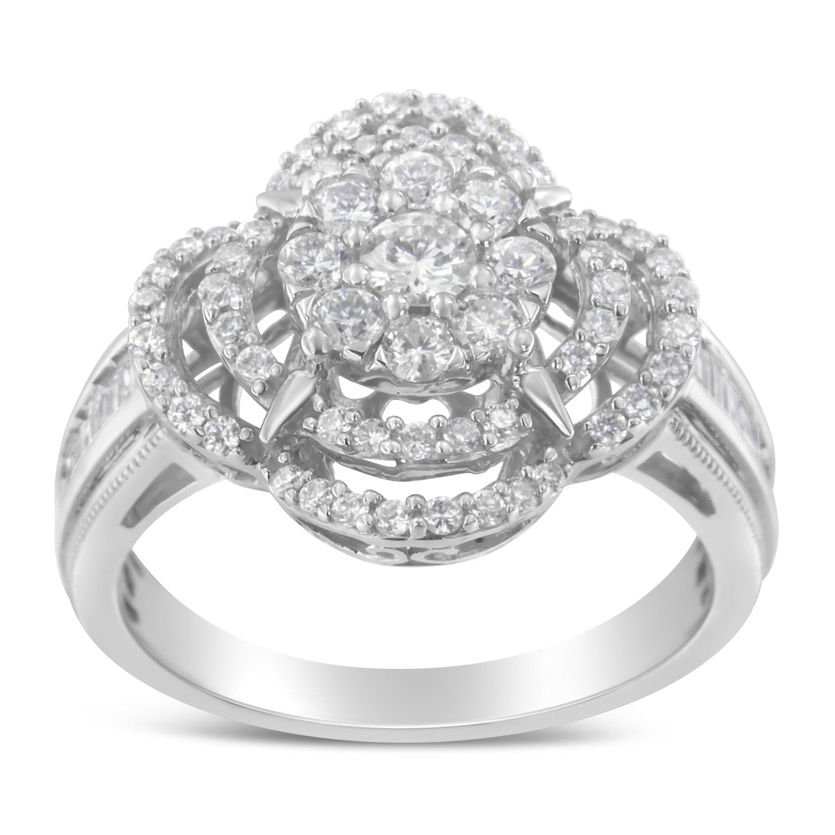 14K White Gold 1.0 Cttw Round &amp; Baguette Cut Diamond Floral Cluster Quatrefoil Channel Set Band Cocktail Statement Ring (H-I Color, SI2-I1 Clarity) - Size 6-3/4 - LinkagejewelrydesignLinkagejewelrydesign