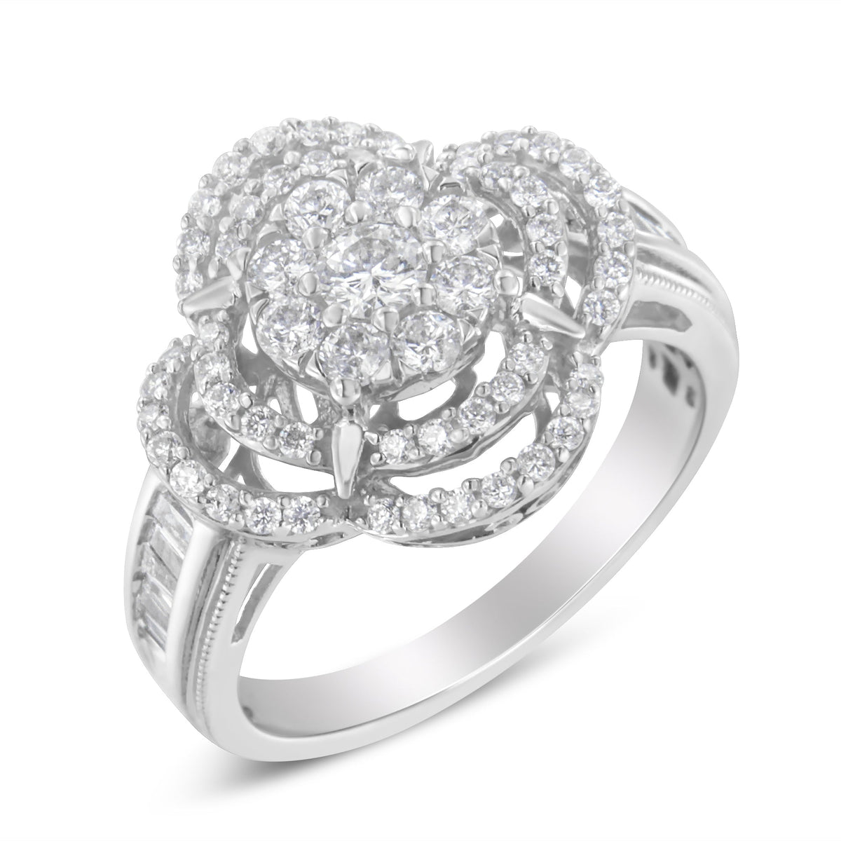 14K White Gold 1.0 Cttw Round &amp; Baguette Cut Diamond Floral Cluster Quatrefoil Channel Set Band Cocktail Statement Ring (H-I Color, SI2-I1 Clarity) - Size 6-3/4 - LinkagejewelrydesignLinkagejewelrydesign