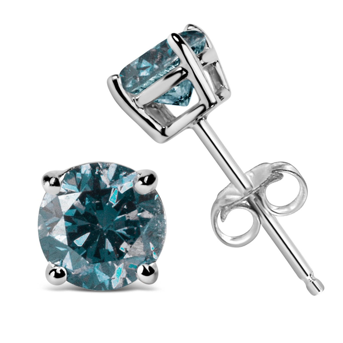 14K White Gold 1.0 Cttw Round Brilliant Cut Lab Grown Blue Diamond 4-Prong Classic Solitaire Stud Earrings (Blue Color, VVS2-VS1 Clarity) - LinkagejewelrydesignLinkagejewelrydesign
