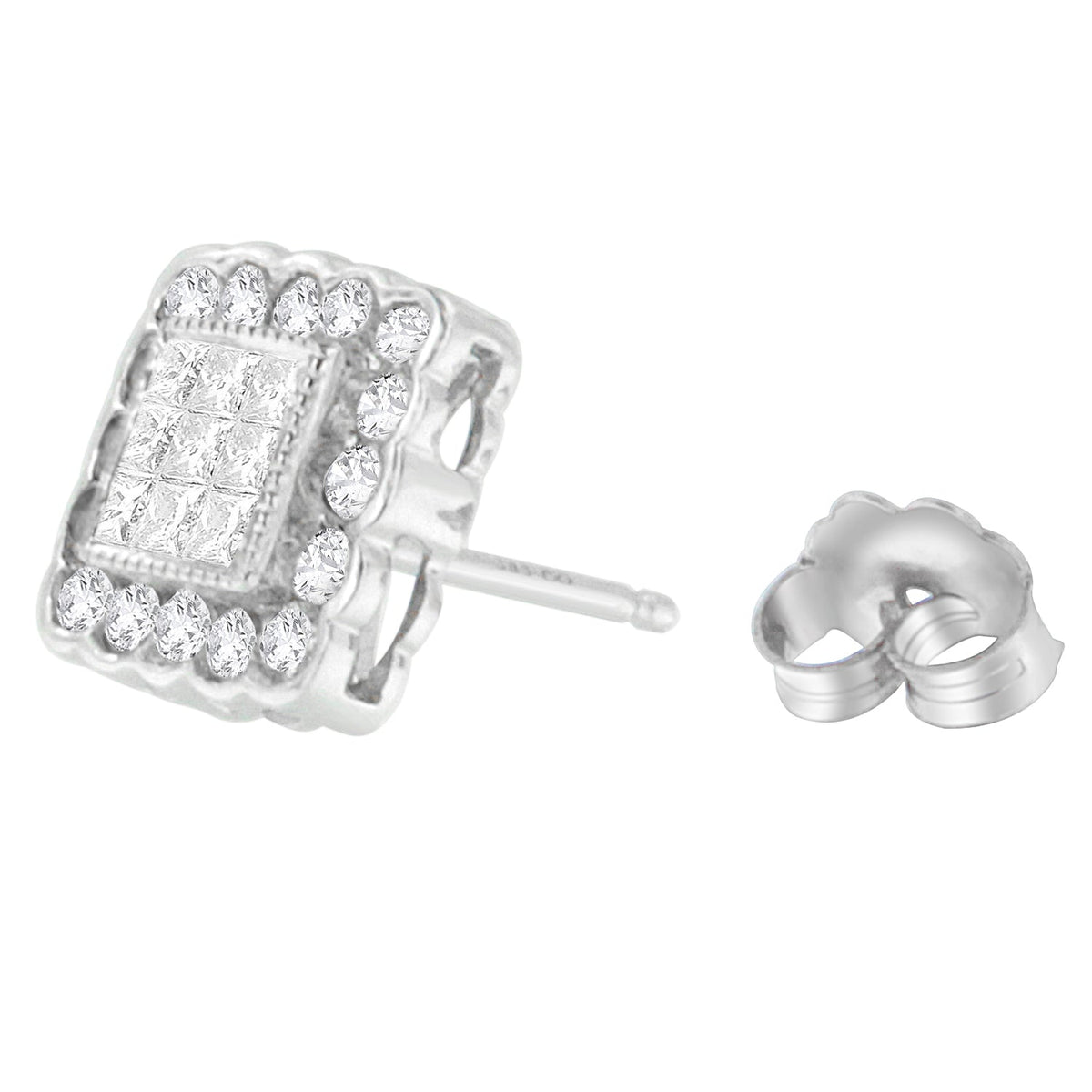 14K White Gold 1.0 Cttw Round Brilliant &amp; Princess Cut Diamond Scallop-Edge Framed Square Halo Stud Earrings (G-H Color, SI1-SI2 Clarity) - LinkagejewelrydesignLinkagejewelrydesign